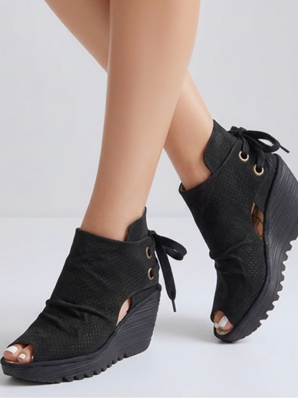 Fly London Women’s Black Peep-Toe Wedge Ankle Boots